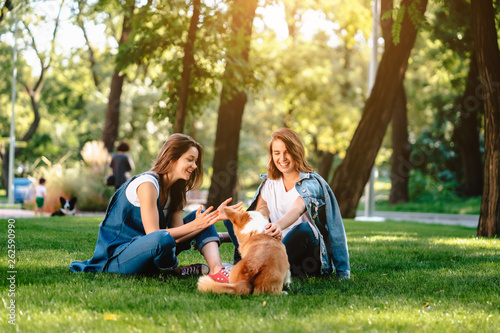 Two female friend in the park play with little dog