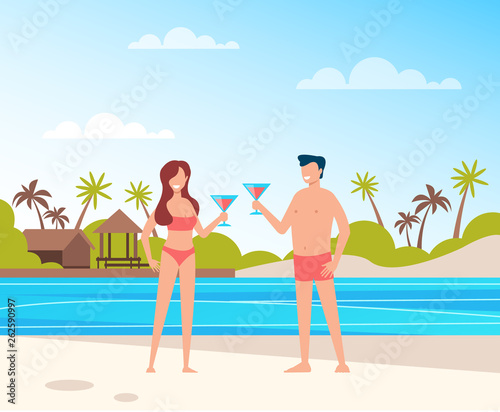 Two happy smiling people man and woman couple characters sunbathing and relax at beach. Summer time concept. Vector flat cartoon graphic design illustration