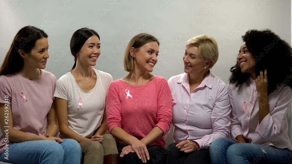 Smiling women with pink ribbons sharing experience, breast cancer awareness Smiling women with pink ribbons sharing experience, breast cancer awareness