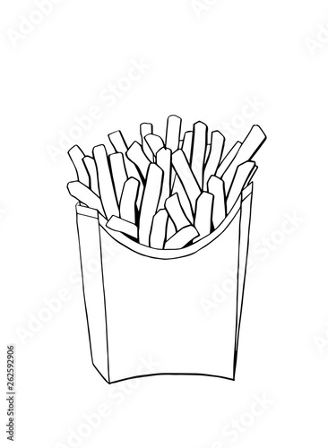 Graphical sketch of french fries isolated on white background, vector illustration for printing and coloring, fast food