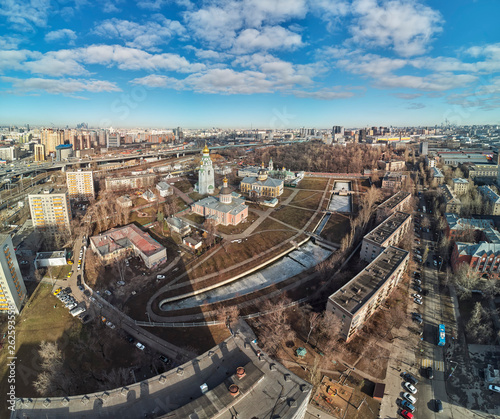 Orthodox cathedrals in architecture-historical ensemble Rogozhskaya sloboda in Moscow, Russia. Aerial dorne view