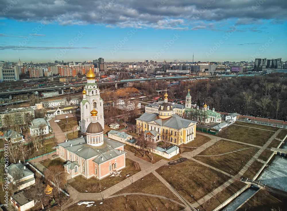 Orthodox cathedrals in architecture-historical ensemble Rogozhskaya sloboda in Moscow, Russia. Aerial dorne view