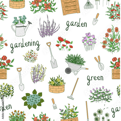 Vector seamless pattern with garden equipment. Repeat background with spade, shovel, rakes, wheel barrow, watering can, shears, trowel, hand fork. Cartoon style