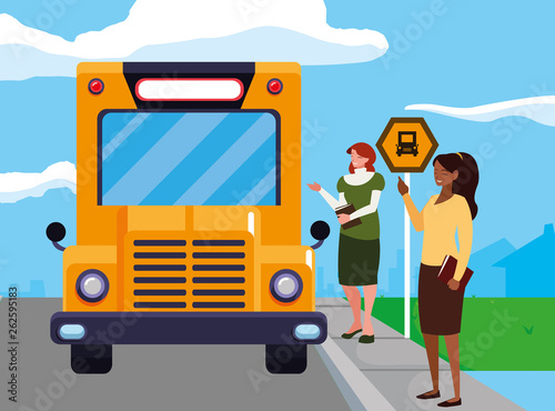 interracial female teachers in stop bus characters