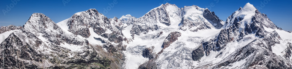 Obraz premium Tschierva Glacier and Bernina mountain from Corvatsch, canton of Graubunden, Grisons, Switzerland, Europe.