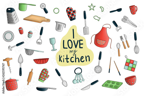 Vector set of colored kitchen tools. Bright pack of apron, cutlery, chopping board, saucepan, measuring cup, grater, whisk, dish, glass, fork, mug, chopsticks, pizza cutter, spoon. Cartoon style