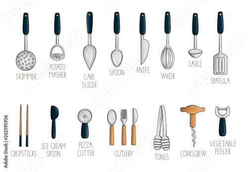 Vector set of colored kitchen tool. Bright pack of cutlery, rolling pin, spatula, whisk, knife, spoon, ladle, fork, pizza  cutter, corkscrew, vegetable peeler, skimmer. Cartoon style