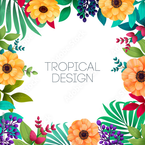 Colorful summer tropical background with exotic palm leaves and hibiscus flow...