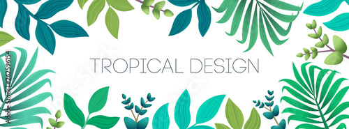 Colorful summer tropical background with exotic palm leaves and flowers. Horizontal banner  cover. Vector floral background