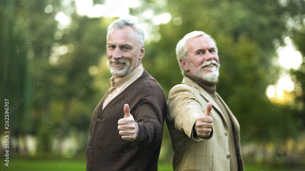 Happy retired gentlemen showing thumbs up and looking in camera, companions Happy retired gentlemen showing thumbs up and looking in camera, companions