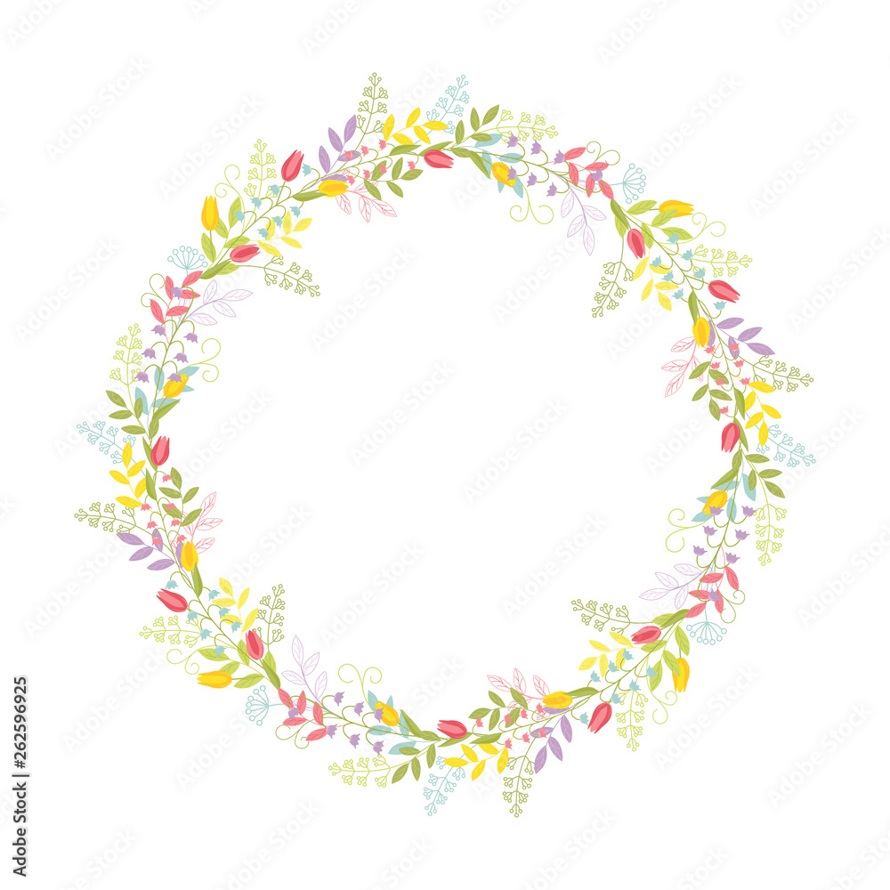 A wreath of branches, leaves, flowers, tulips, lilies of the valley and blades of grass with tendrils. Color cute vector.Isolated on white background.