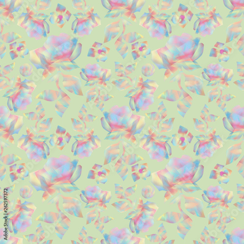  Seamless pattern. Roses flowers in pastel on a green background. Collage with leaves and flowers, balls. Pattern for textile or wallpaper.