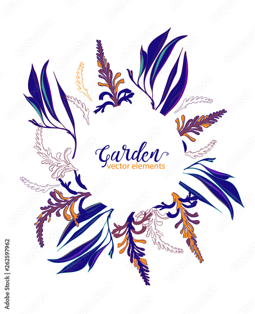 Obraz premium Wedding navy contrastfloral frame Save the date. Garden flowers and leaves illustration. Vector botanical wreath arrangements. Forest foliage. Design template greeting card. Invitation background.