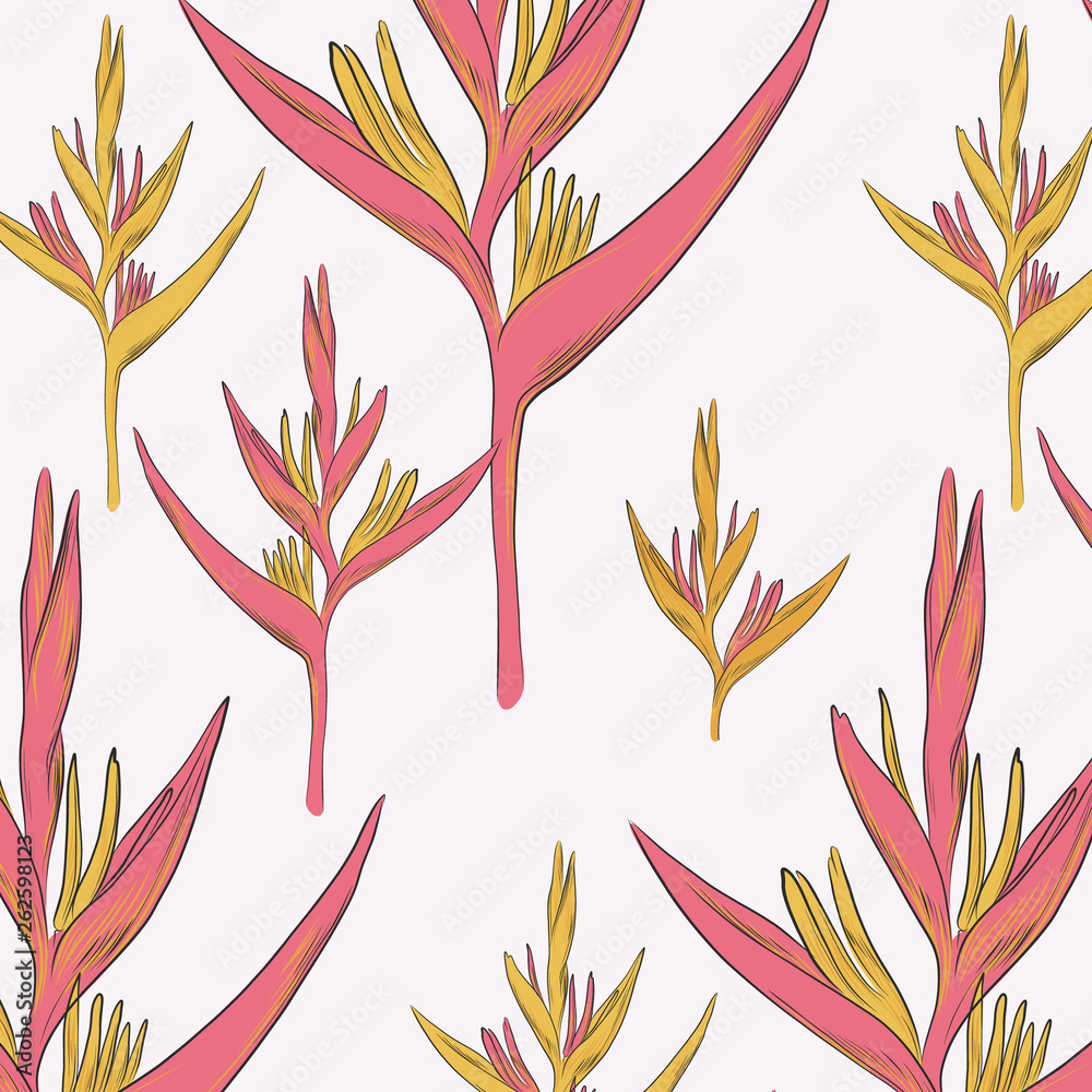 Flowers vector yellow pink tender paradise summer illustration. Repetition beach design with exotic foliage texture. Hawaiian print.