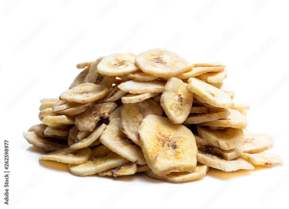 Homemade dehydrated banana chips isolated on white Homemade dehydrated banana chips isolated on white