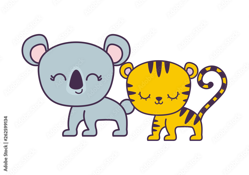 cute tiger with koala animals isolated icon cute tiger with koala animals isolated icon