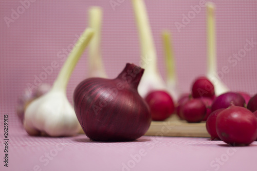 Healthy vegetables on a pink background. Fresh garlic (allium, Bulbus Allii Sativ) is a real storehouse of nutrients and trace elements. Red sweet onions (solaninum) - natural antioxidant. Red radish  photo