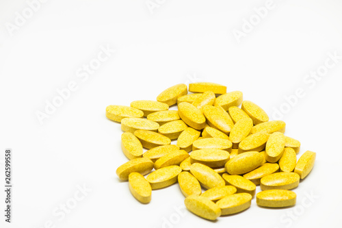  Medications in the form of capsules, tablets and gelatin on a white background