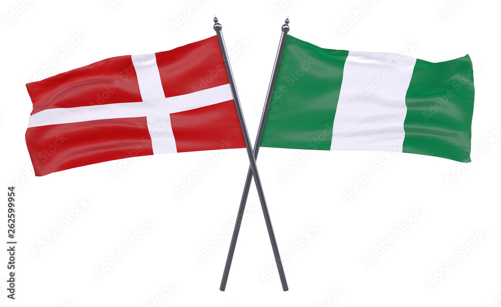 Denmark and Nigeria, two crossed flags isolated on white background. 3d image Denmark and Nigeria, two crossed flags isolated on white background. 3d image
