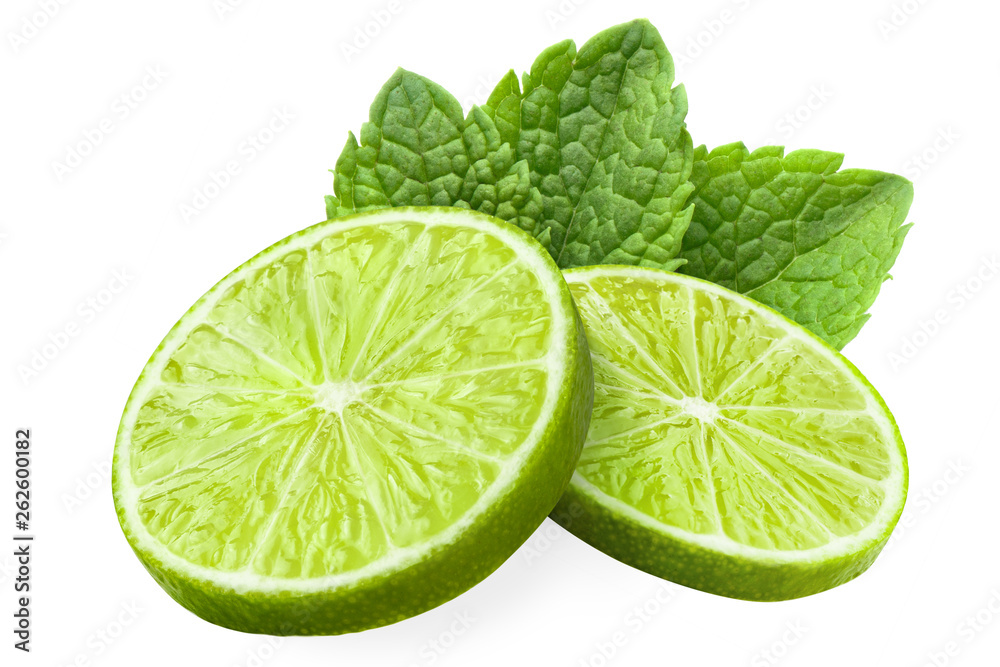 Obraz Fresh lime slices and mint leaves, isolated on white background