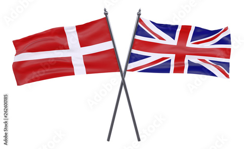 Denmark and United Kingdom, two crossed flags isolated on white background. 3d image