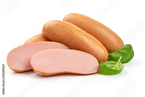 Fresh boiled sausages with basil, close-up, isolated on white background