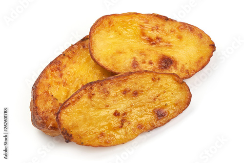 Homemade baked potato wedges, fry potatoes, close-up, isolated on white background