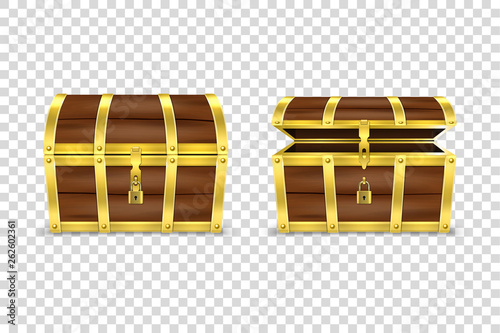 Vector 3d Realistic Closed and Opened Retro Vintage Antique Old Treasure Wooden brown Pirate Dower Chest with Golden Metal Stripes and Padlock and Keyhole Closeup Isolated on Transparent Background