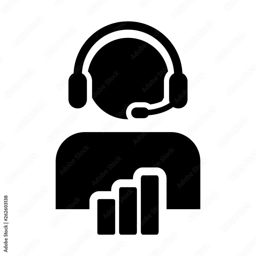 Business service icon vector male customer care data support person profile avatar with headphone and bar graph for online assistant in glyph pictogram illustration Business service icon vector male customer care data support person profile avatar with headphone and bar graph for online assistant in glyph pictogram illustration