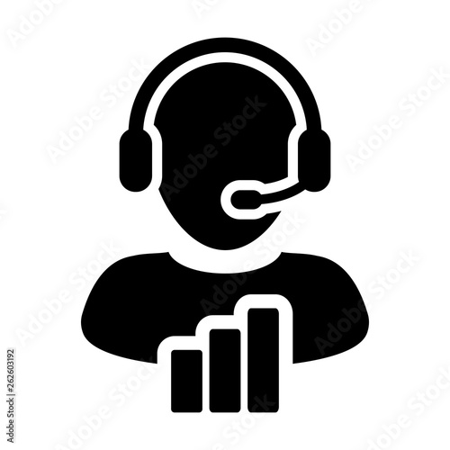 Technical support icon vector male data customer service person profile avatar with headphone and bar graph for online assistant in glyph pictogram illustration