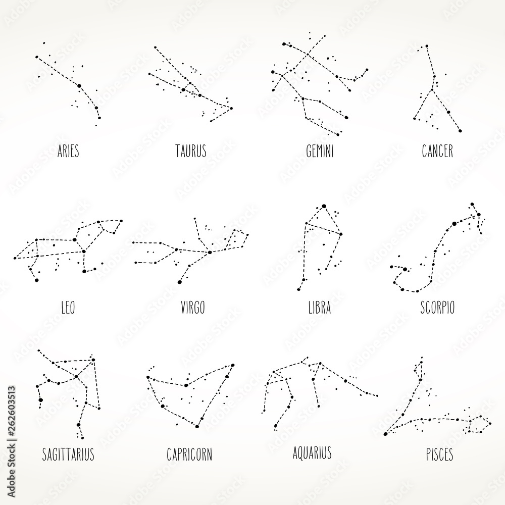 Zodiac sign hand drawn constellations set
