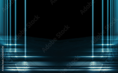Background of empty street, room. Background of empty scene at night. Concrete coating. Reflection on wet pavement of neon lights. Neon blue lines. Dark abstract background. © Laura Сrazy
