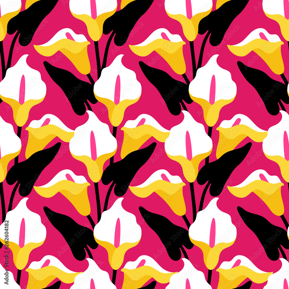 Seamless pattern with calla lilly flowers on pink background. Can be used for printing on fabric and paper and other surfaces.