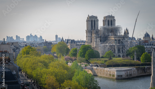 Paris, France - 04 17 2019: The day after the fire at Notre-Dame Cathedral. View from Arab world institute