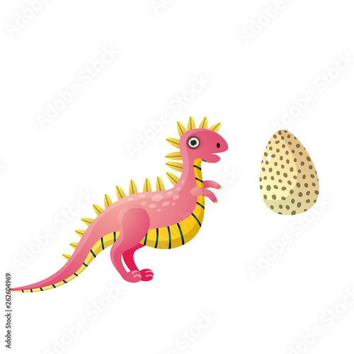 Cute red yellow dotted megalosaurus dinosaur near egg