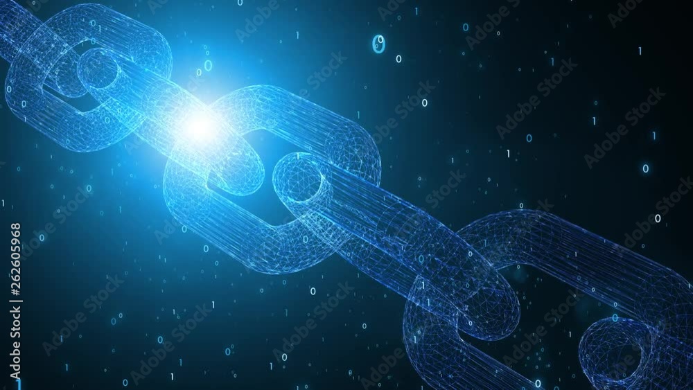Artistic shiny blockchain chain 3d object rotation on motion cyberspace background.