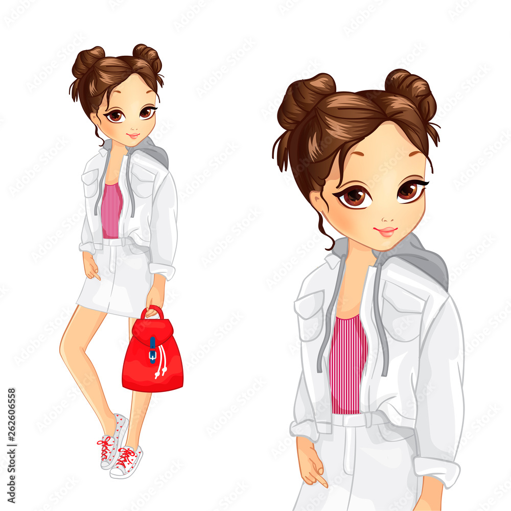Obraz premium Cute Girl In Cool White Denim Suit