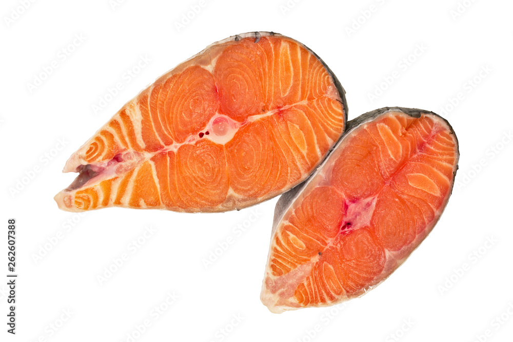 Fresh raw salmon fish steaks isolated on white background Fresh raw salmon fish steaks isolated on white background
