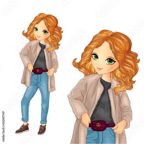 Girl In Nude Cardigan And Blue Jeans