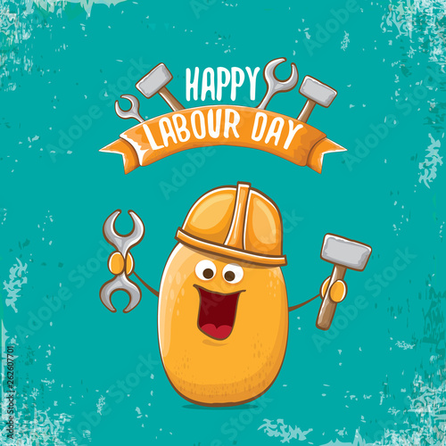 International workers day or labour day greeting card . vector funny cartoon brown smiling worker potato with engineer helmet holding hammer and wrench isolated on blue background. Mayday poster