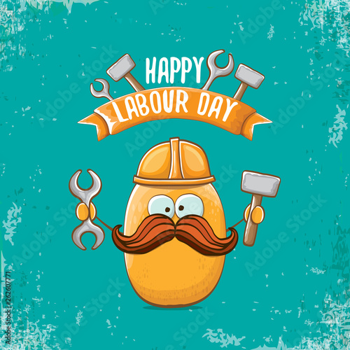 International workers day or labour day greeting card . vector funny cartoon brown smiling worker potato with engineer helmet holding hammer and wrench isolated on blue background. Mayday poster
