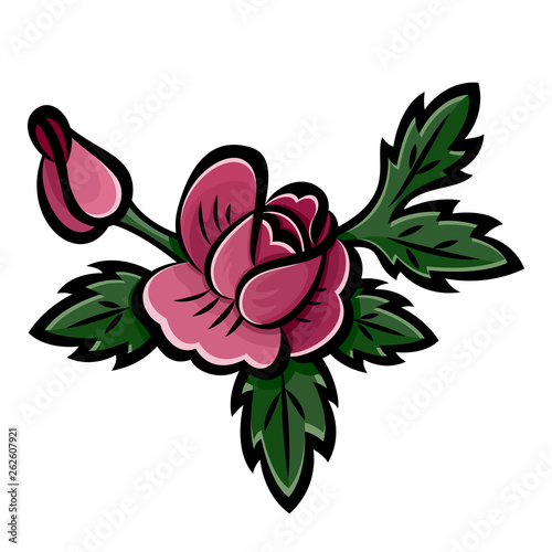 Bouquet of pink roses, buds and green leaves with black stroke. Decoration element of cards, invitations, scrapbooking. Botanical hand drawn. Isolated on white background. Vector. Eps10 illustration.