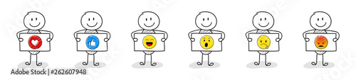 Funny stickman with white board and business icons - set. Vector