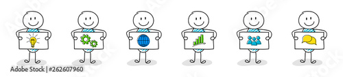 Funny stickman with white board and business icons - set. Vector photo