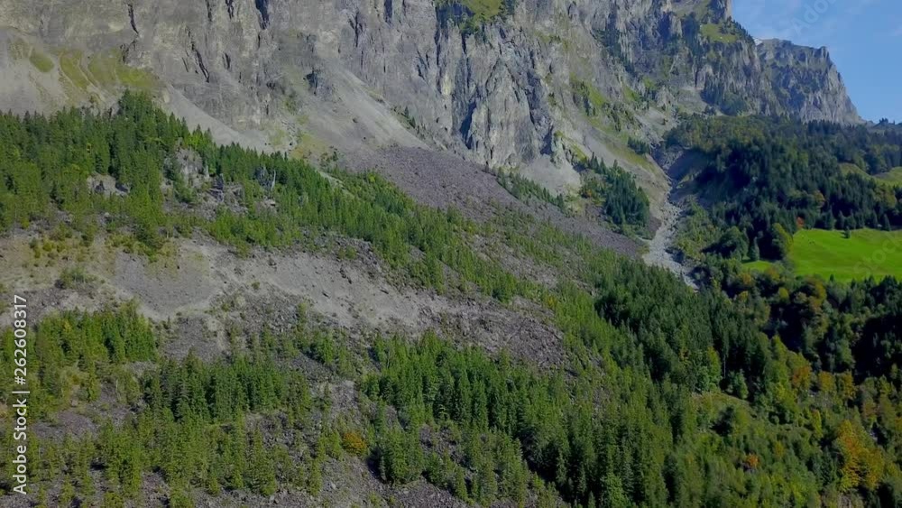 Drone flight above mountainous area in Switzerland. Idyllic landscape with green meadow. Smooth and stabilized footage. Drone flight above mountainous area in Switzerland. Idyllic landscape with green meadow. Smooth and stabilized footage.