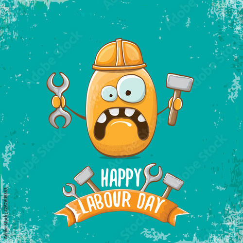 International workers day or labour day greeting card . vector funny cartoon brown smiling worker potato with engineer helmet holding hammer and wrench isolated on blue background. Mayday poster