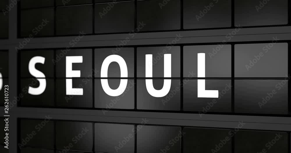 3D generated animation 4K, Analogue airport billboard with flight information, arrival city of Seoul 3D generated animation 4K, Analogue airport billboard with flight information, arrival city of Seoul