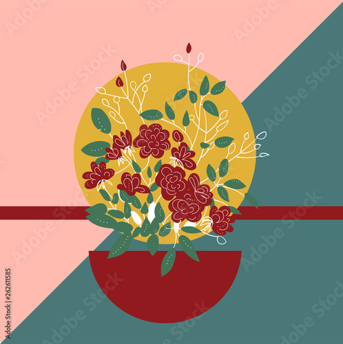 bouquet of flowers on geometric background. trendy floral vector illustration. 