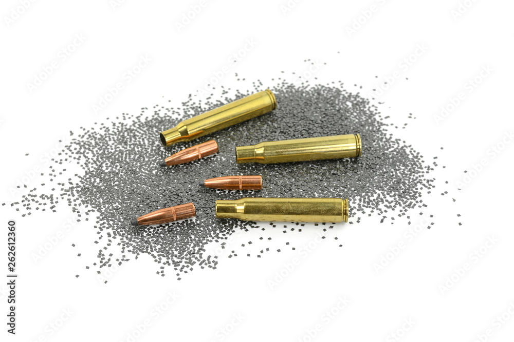 A rifle bullet with gun powder isolated Stock Photo