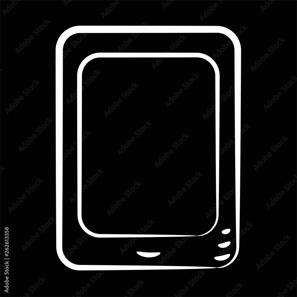 Tablet hand-drawn in white outline on a black  background. Stock vector illustration. Settings. Icon. Sketch. Symbol.